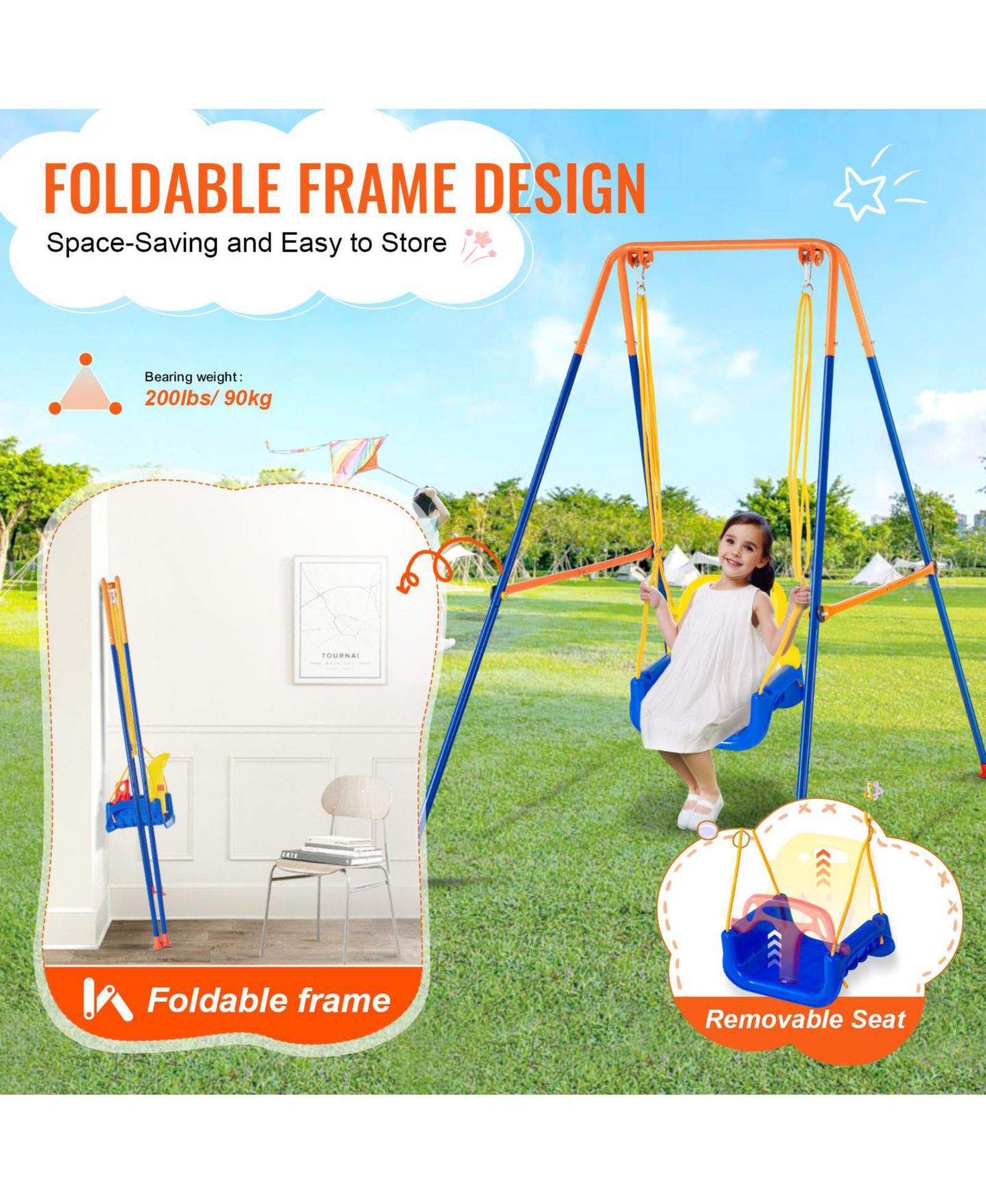 Детские игрушки Mecale 3-in-1 Toddler Swing Set with Foldable Metal Stand and 4 Sandbags, Ages 3+ — фото 7