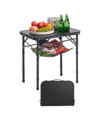 Folding Camping Table, Adjustable Height Aluminum & MDF with Mesh Shelf, Carry Handle, 24x16", Black