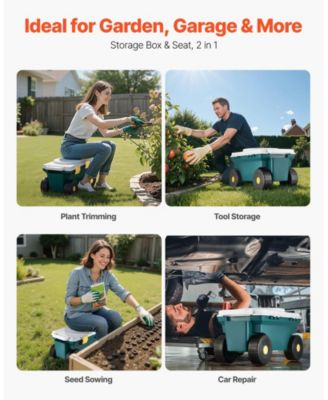 2-in-1 Garden Scooter with Seat, Rolling Cart with Storage Bin, 227 lb Capacity, Lightweight Gardening Stool with Handle