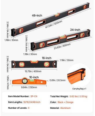 4-Piece Magnetic Box Level Set, 48/24/16/10", Light-Up Bubble Vials, 45/90/180° Ruler, SAE/Metric Scale, Aluminum Alloy