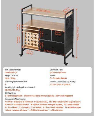 Rolling Craft Cart & Storage Table for Cricut Machines, 20 Vinyl Roll Holders, 3 Drawers, Craft Organizer Workstation, Black