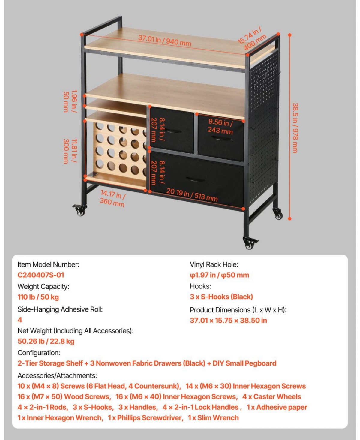 Mecale Rolling Craft Cart & Storage Table for Cricut Machines, 20 Vinyl Roll Holders, 3 Drawers, Craft Organizer Workstation, Black