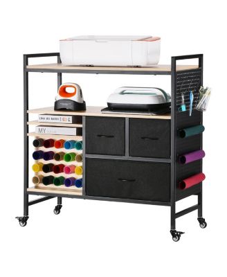 Rolling Craft Cart & Storage Table for Cricut Machines, 20 Vinyl Roll Holders, 3 Drawers, Craft Organizer Workstation, Black