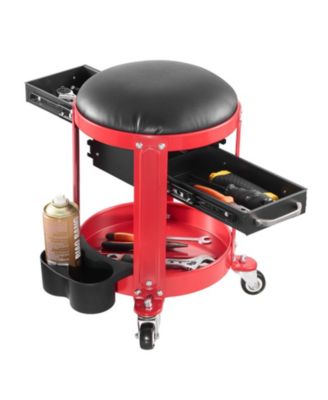 Rolling Mechanic Stool with Wheels, 300 lb Capacity, Padded Fixed-Height Creeper Seat with Tool Tray & 2 Drawers, Red/Black