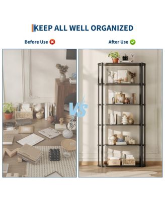 71 Inch Tall Bookshelf, 6 Tier Industrial Bookcase with Heavy Duty Metal Frame, Slim Farmhouse Storage Shelves