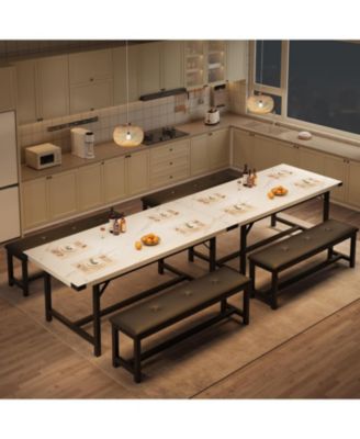 3-Piece Extendable Dining Table Set for 4-6, Marble White Table with 2 Upholstered Benches, Space-Saving Kitchen & Dining Room Set