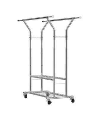 Rolling Clothes Rack with 2 Hanging Rods & 2 Shelves, Adjustable Height, 264 lb Capacity, Carbon Steel Garment Rack with Wheels