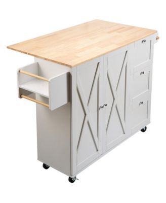 Kitchen Island Cart with Solid Wood Top, 45.3" Wide, Storage Cabinet, Drop Leaf, Drawer, Spice Rack, Towel Rack, Rolling, White