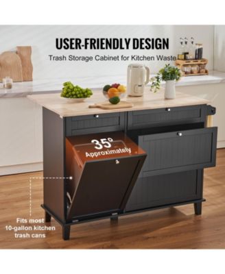 50" Kitchen Island Cart with Wood Top, Tilt-Out Trash Cabinet for 10-Gallon Storage, Drop Leaf, Drawer, Towel Bar, Black