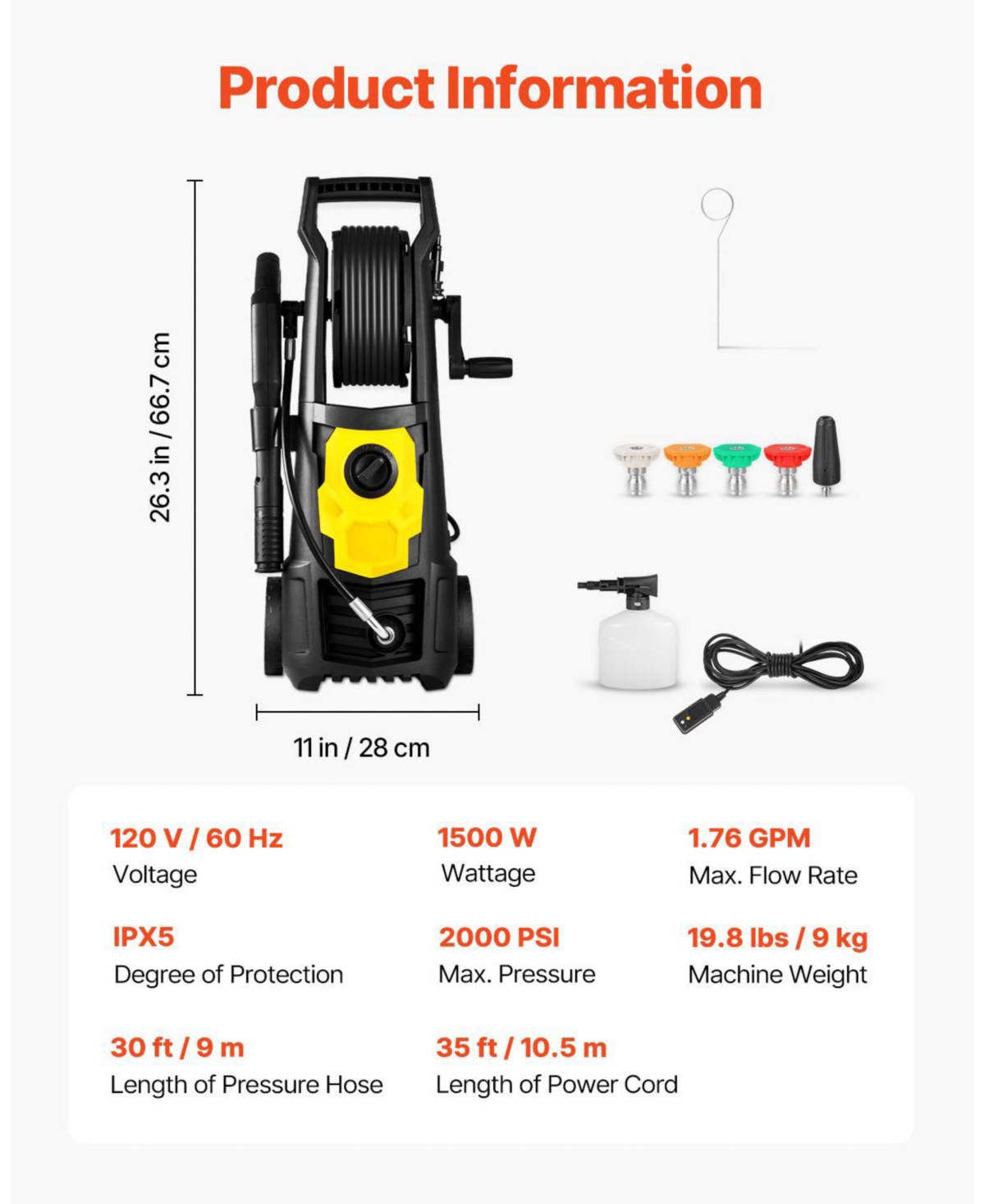 Mecale Electric Pressure Washer, 2000 Psi, 1.76 Gpm Max, 30 ft Hose, 5 Quick-Connect Nozzles, Foam Cannon, Etl Listed