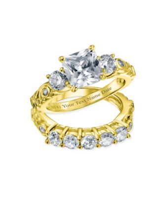 Art Deco 3CT CZ Princess Cut 3 Stone Past Present Future Ring Set Gold Plated