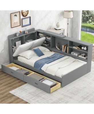 Wood Twin Size platform bed with Storage Headboard, Shelves and 2 Drawers