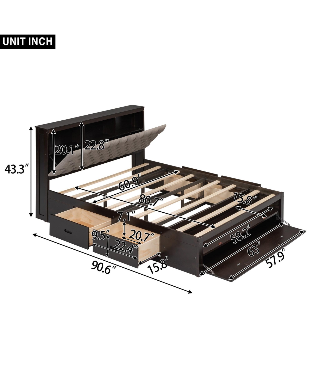 Wood Queen Platform Bed with Storage Headboard, shoe rack and 4 drawers