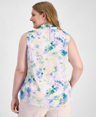 Plus Size Printed Tie-Neck Sleeveless Blouse 