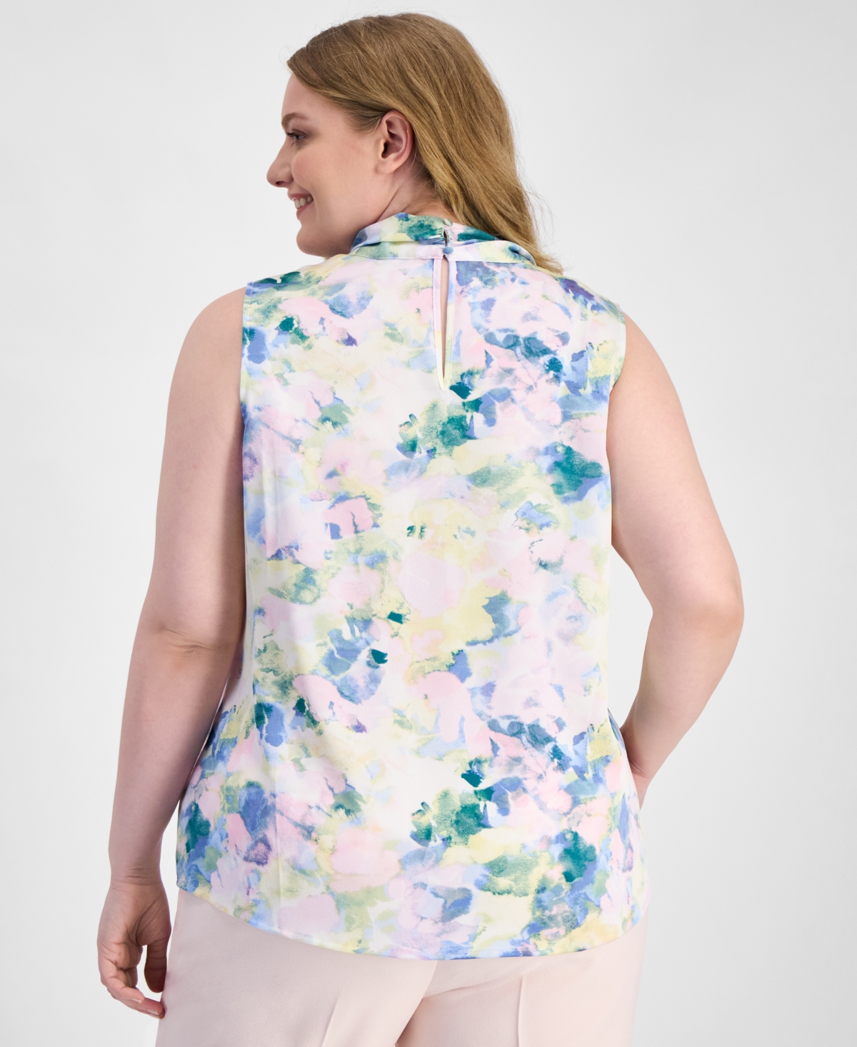 Tahari Asl Plus Printed Tie-Neck Sleeveless Blouse