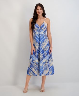 Women's Printed Peachskin V-Neck Midi Dress