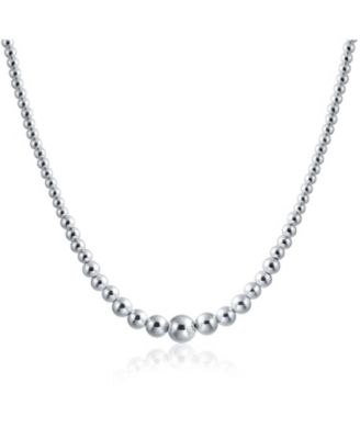 Traditional Classic Shinny Polished .925 Sterling Silver Graduated Round Lightweight Bead Ball Strand Necklace 16 Inch Hand Strung