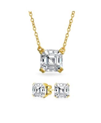 4CT Solitaire CZ Asscher Cut Stud Earrings Pendant Gold Plated Silver Set