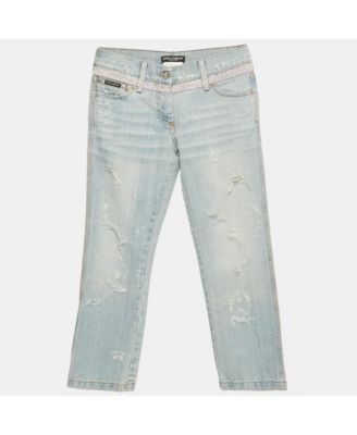 Women's Blue Distressed Denim Rhinestone Detail Crop Jeans