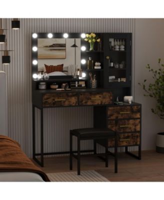 Makeup Vanity with Upholstered Stool & Charging Station, Vanity Desk with Mirror and Lights