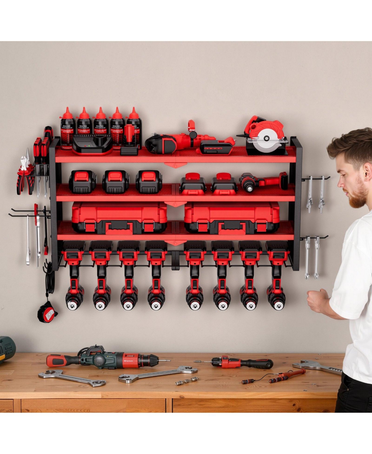 Mecale Wall-Mount Power Tool Organizer, 4-Tier Storage Rack with 8 Drill Holders, Side Pegboards, Garage Tool Storage Rack