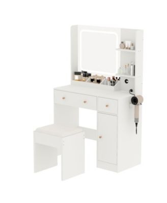 Makeup Vanity Desk with LED Mirror & Power Outlet,Vanity Set with Storage Drawers,Shelves & Stool