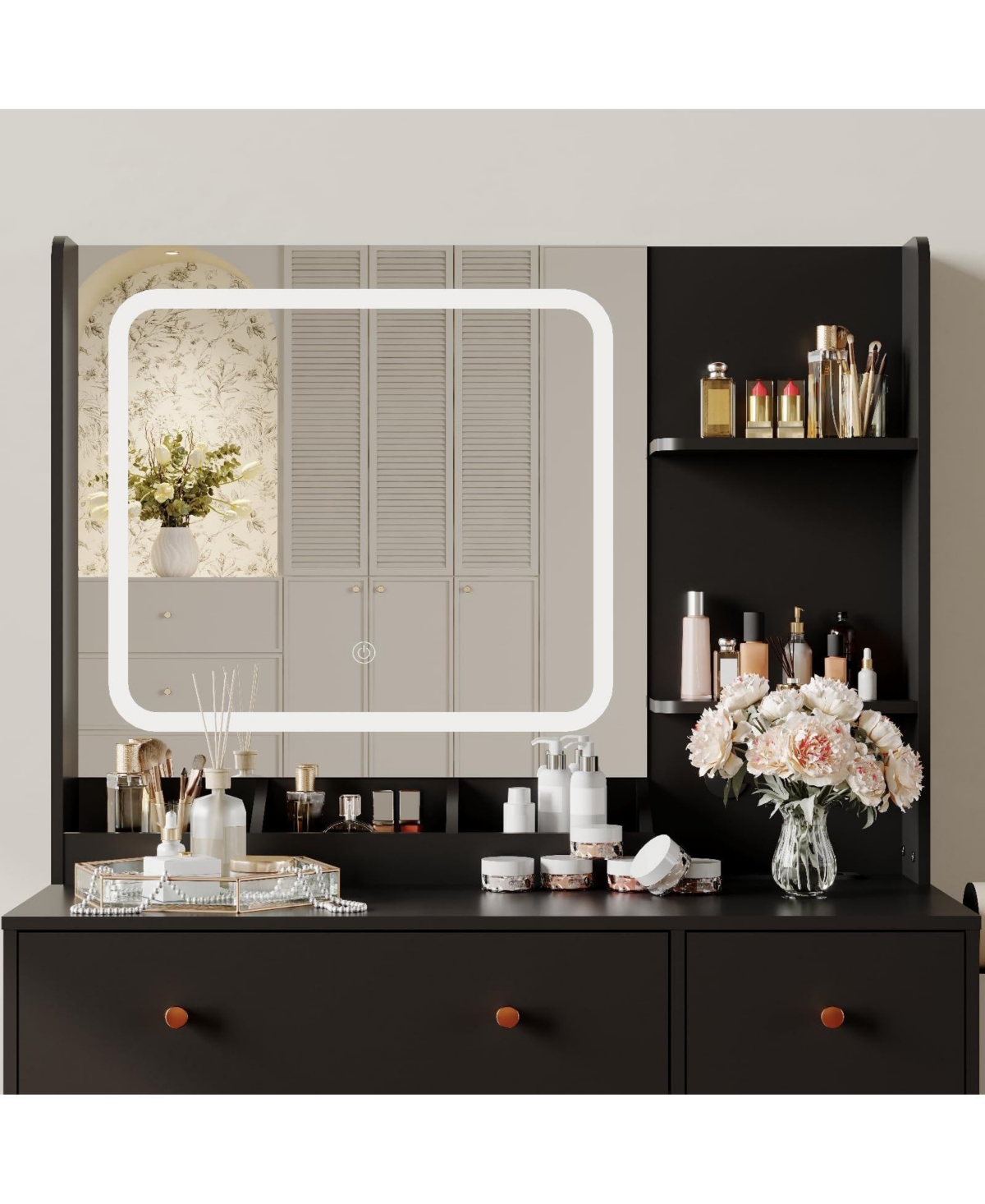 gaomon Makeup Vanity Desk with Led Mirror & Power Outlet,Vanity Set Storage Drawers,Shelves Stool