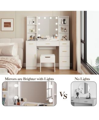 Farmhouse Vanity Set with Lighted Mirror,56 Inch Modern Makeup Vanity with Charging Station&Storage Shelves