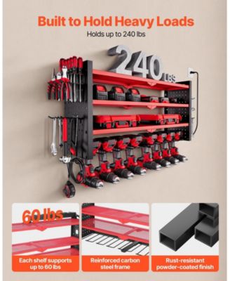 Power Tool Organizer with Charging Station, 4-Tier Wall Rack with 8 Drill Holders, Side Pegboard, Built-In 8-Outlet Power Strip