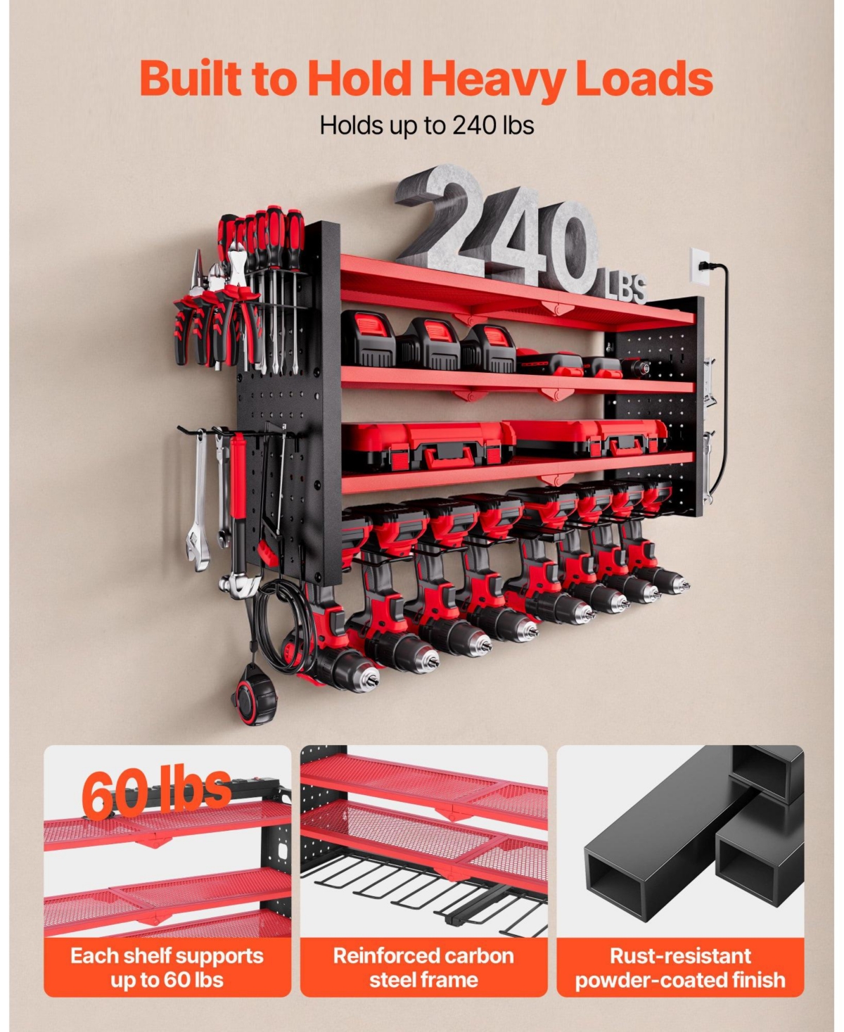 Mecale Power Tool Organizer with Charging Station, 4-Tier Wall Rack with 8 Drill Holders, Side Pegboard, Built-In 8-Outlet Power Strip