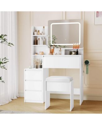 Vanity Set with Mirror and Adjustable Lights, Makeup Vanity Table with Built-in Charging Station, Vanity Desk with 4 Drawers,