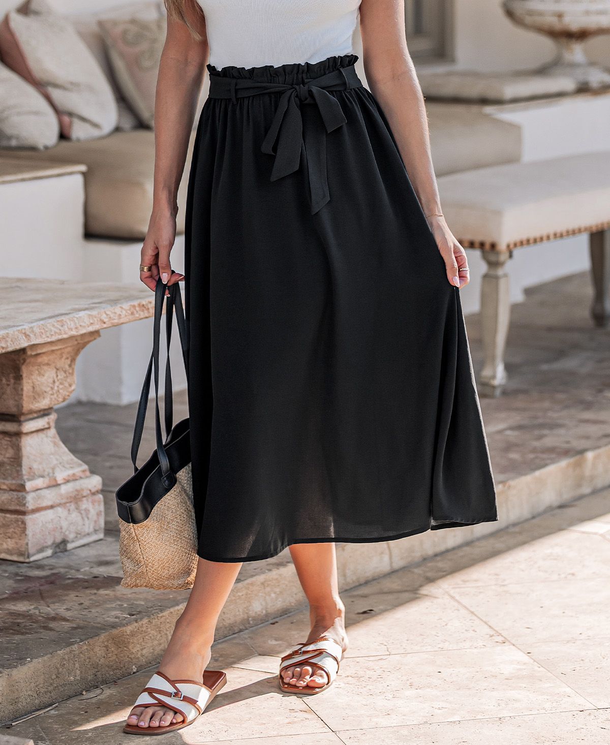 Cupshe Women's Paperbag Waist A-Line Midi Skirt with Belt Elastic Waistband