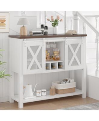 Coffee Bar Cabinet, Farmhouse Sideboard Buffet with Sliding Barn Doors, Wine Racks, Open Storage Shelf, for Kitchen, Dining Room