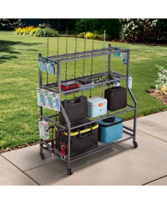 Fishing Rod Holder, 15-Rod Mobile Pole Rack Cart with Wheels for Garage or Home Fishing Gear Storage