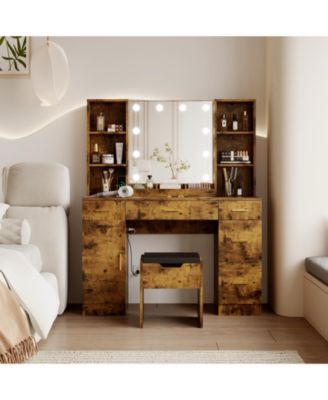 Farmhouse Vanity Set with Lighted Mirror,56 Inch Modern Makeup Vanity with Charging Station&Storage Shelves