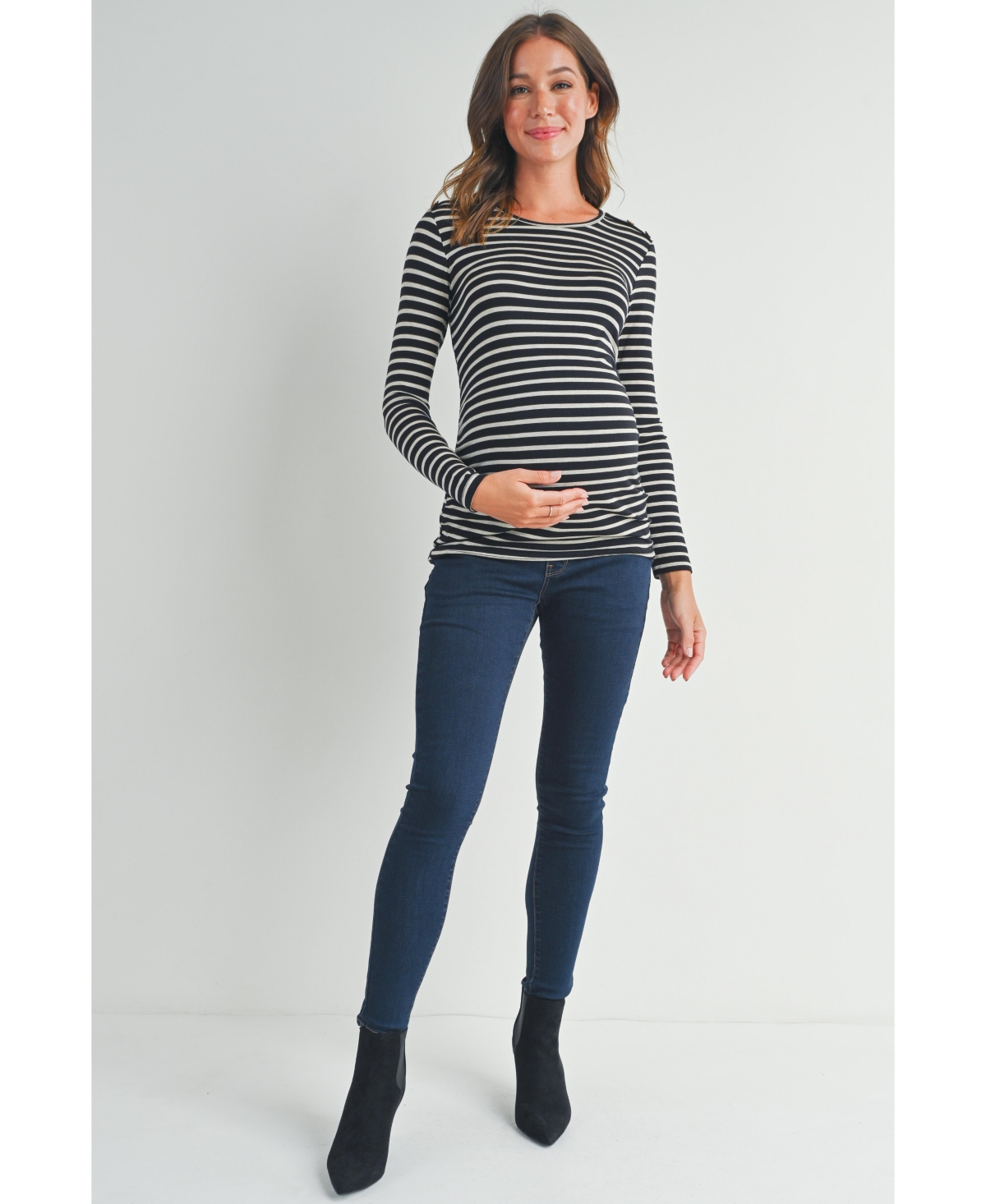 Hello Miz Women's Long Sleeve Side Ruched Striped Maternity Top