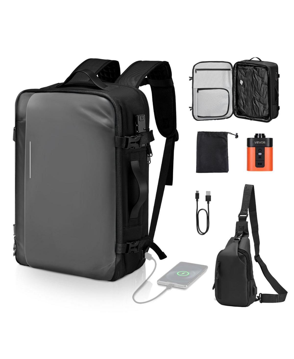 Mecale 65L Expandable Vacuum Seal Compression Travel Backpack with Pump, Tsa-Approved Lock, Water-Resistant Carry-On Luggage, Gray