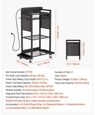 4-Tier Tool Organizer Cart with Charging Station, 8 AC Outlets, Rolling Drill Holder & Tool Battery Storage Rack, Wheels, Garage Use