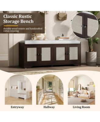 Rustic Wood Entryway Shoe Bench with Cushion and Adjustable Shelves