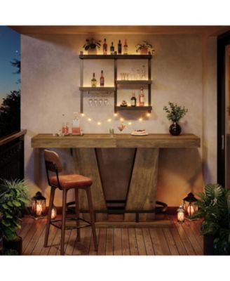 62.99" Industrial Bar Table for 4-6, Rectangle Counter Height Pub Table with Metal Footrest, Home Bar Units