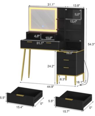 Makeup Vanity Desk With HD Lighted Mirror and Power Outlet - Modern Glass Top Elegant Fluted Vanity Desk With Acrylic Protective Door