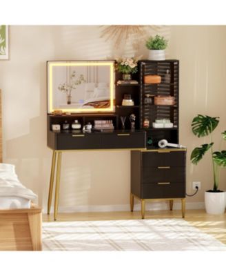 Makeup Vanity Desk With HD Lighted Mirror and Power Outlet - Modern Glass Top Elegant Fluted Vanity Desk With Acrylic Protective Door