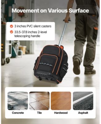 Rolling Tool Backpack on Wheels, 110 lb Capacity, 45 Pockets, Heavy-Duty Tool Organizer, Telescoping Handle, Stable Base