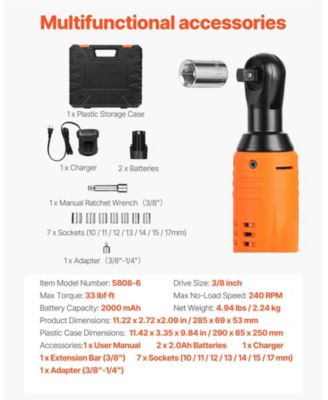 Cordless Ratchet Wrench Set, 3/8" Drive, 240 RPM, 33 ft-lbs Torque, 2 x 2.0Ah Batteries, Charger, Sockets, Adapter, Extension