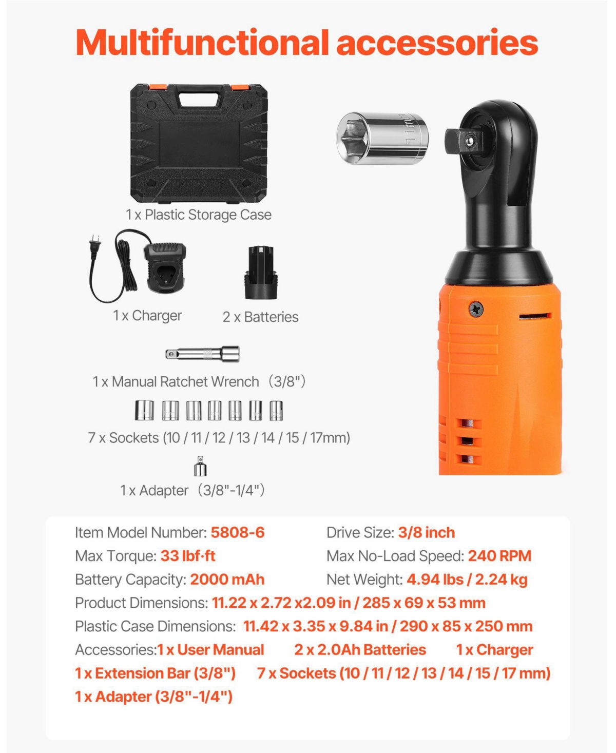 Mecale Cordless Ratchet Wrench Set, 3/8" Drive, 240 Rpm, 33 ft-lbs Torque, 2 x 2.0Ah Batteries, Charger, Sockets, Adapter, Extension