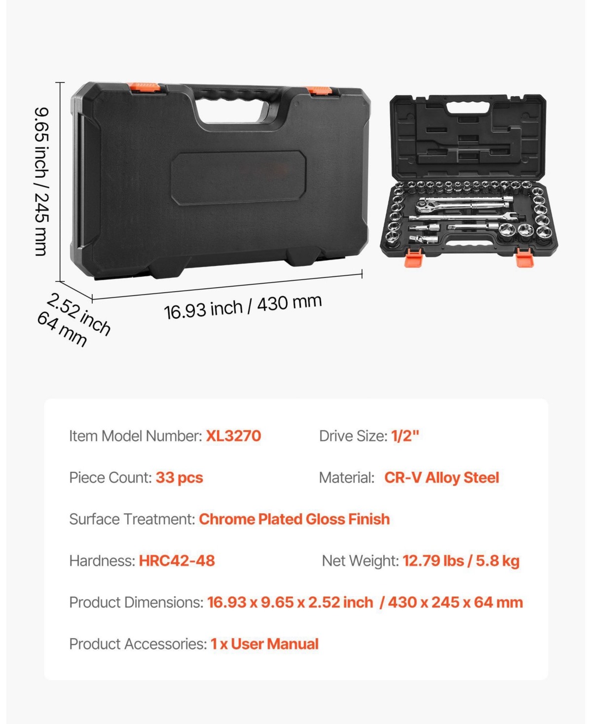 Mecale 33-Piece 1/2" Drive Socket & Ratchet Set, Sae & Metric, Extension Bar, Storage Case, Cr-v Alloy Steel