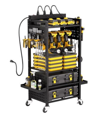 5-Tier Tool Organizer Cart with Charging Station, 8 AC Outlets, Rolling Drill Holder & Tool Battery Storage Rack, Wheels, Garage Use