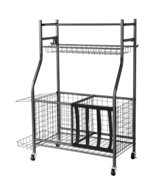 Rolling Sports Equipment Organizer Cart with Ball Rack, Baskets & Hooks, Steel Storage for Garage