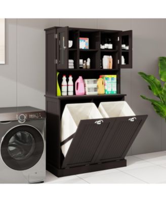 Two-Compartment Tilt-Out Laundry Basket Cabinet with 2 Adjustable Shelves, Tall Bathroom Storage