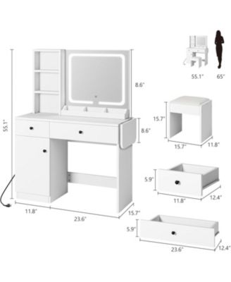 Makeup Vanity Desk with Mirror and Lights - Vanity Table Set with Drawer/Power Outlet/Storage Chair/3 Shelves for Bedroom - White